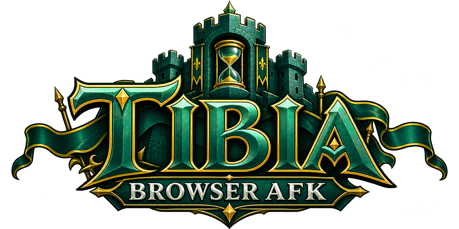Tibia Browser AFK: castelo verde com ampulheta e detalhes amarelos