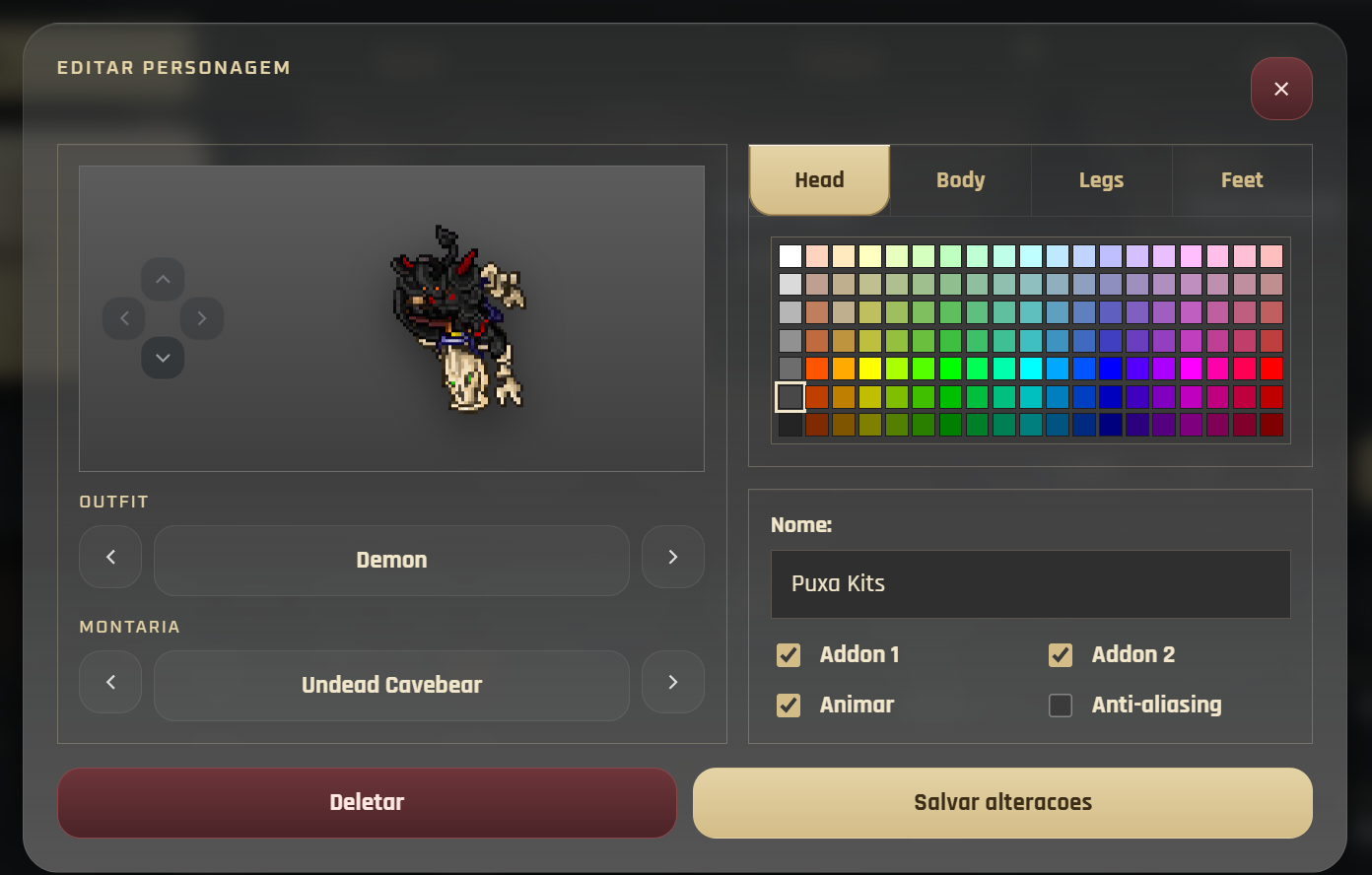 Editor de aparência com montaria, outfit e paleta de cores.